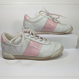 Vintage LA Gear white and pink aerobic walking shoes with breast cancer ribbon